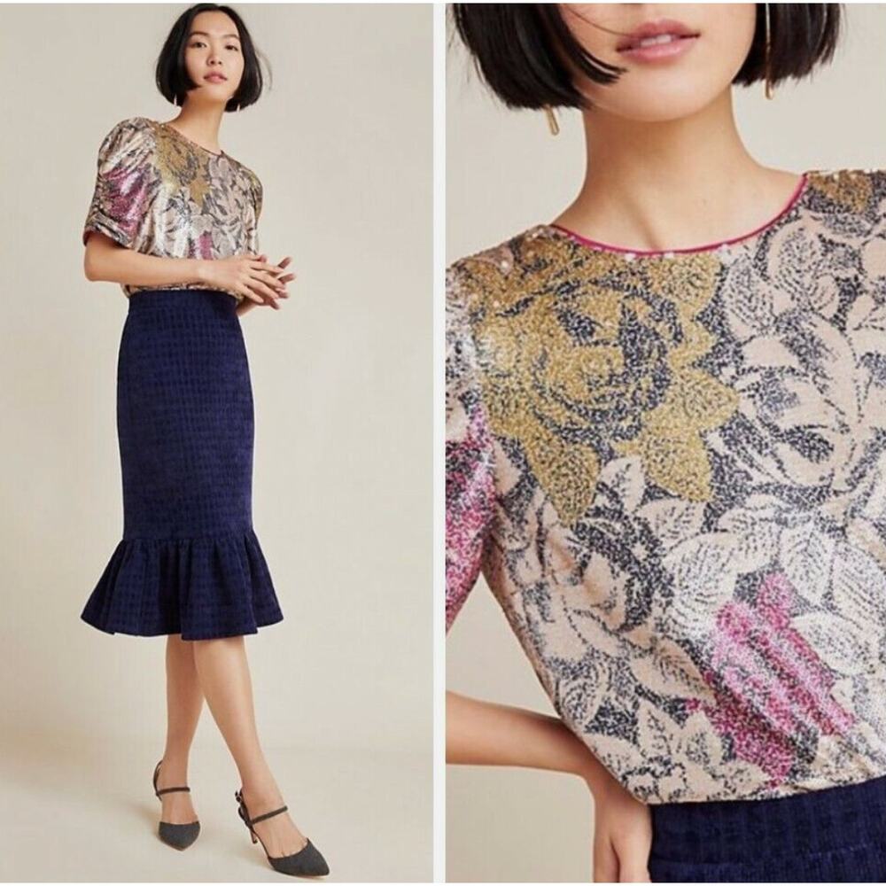 Anthropologie floral sequin short sleeve holiday top. Size 10